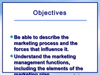 Objectives


Be able to describe the
marketing process and the
forces that influence it.
Understand the marketing
management functions,
including the elements of the
 
