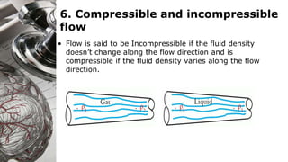 6. Compressible and incompressible
flow
• Flow is said to be Incompressible if the fluid density
doesn’t change along the flow direction and is
compressible if the fluid density varies along the flow
direction.
 