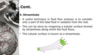 Cont.
4. Streamtube
• A useful technique in fluid flow analysis is to consider
only a part of the total fluid in isolation from the rest.
• This can be done by imagining a tubular surface formed
by streamlines along which the fluid flows.
• This tubular surface is known as a streamtube.
 