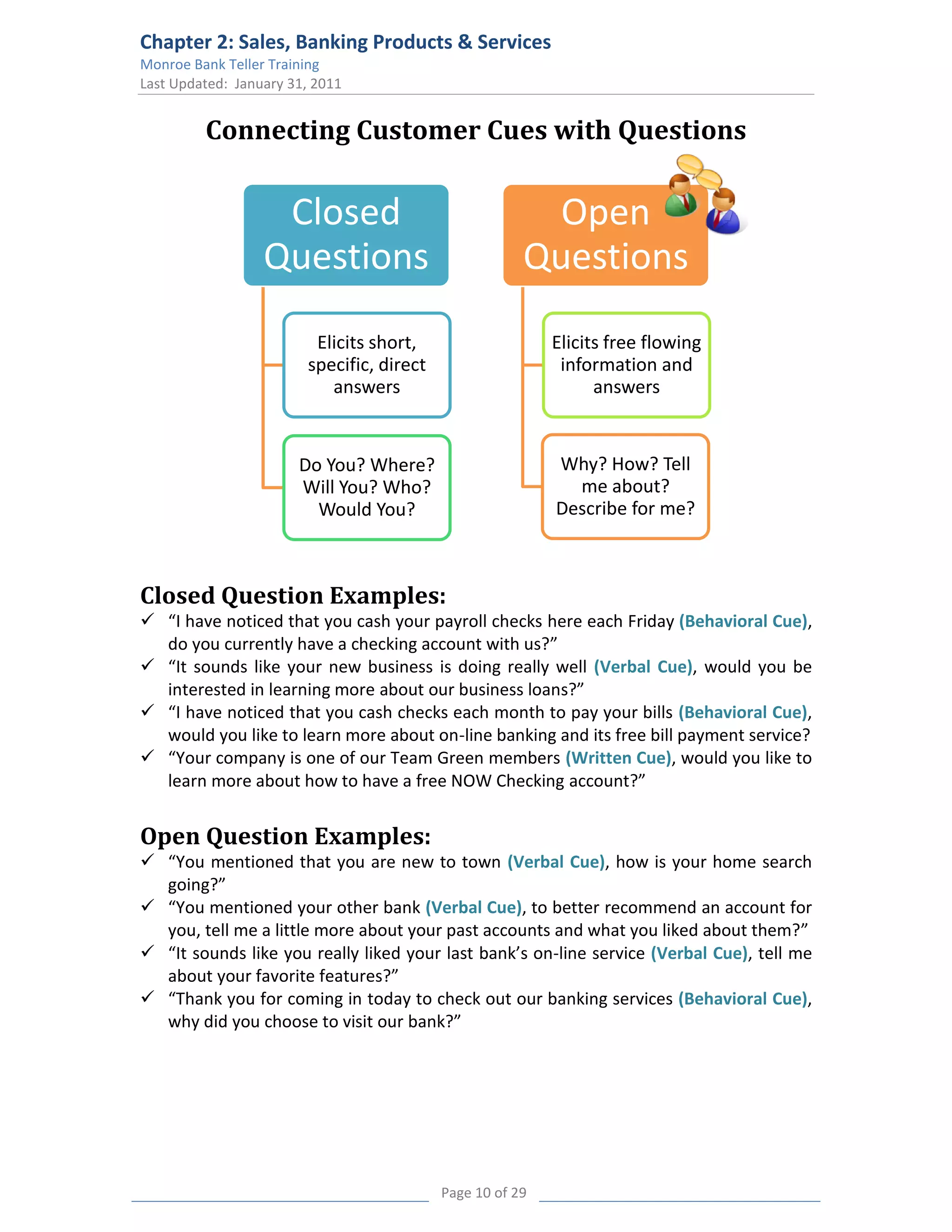 Chapter 2: Sales, Banking Products & Services
Monroe Bank Teller Training
Last Updated: January 31, 2011


         Connecting Customer Cues with Questions


                   Closed                               Open
                  Questions                            Questions
                         Elicits short,                    Elicits free flowing
                        specific, direct                    information and
                           answers                               answers


                       Do You? Where?                      Why? How? Tell
                       Will You? Who?                        me about?
                         Would You?                        Describe for me?



Closed Question Examples:
 “I have noticed that you cash your payroll checks here each Friday (Behavioral Cue),
  do you currently have a checking account with us?”
 “It sounds like your new business is doing really well (Verbal Cue), would you be
  interested in learning more about our business loans?”
 “I have noticed that you cash checks each month to pay your bills (Behavioral Cue),
  would you like to learn more about on-line banking and its free bill payment service?
 “Your company is one of our Team Green members (Written Cue), would you like to
  learn more about how to have a free NOW Checking account?”


Open Question Examples:
 “You mentioned that you are new to town (Verbal Cue), how is your home search
  going?”
 “You mentioned your other bank (Verbal Cue), to better recommend an account for
  you, tell me a little more about your past accounts and what you liked about them?”
 “It sounds like you really liked your last bank’s on-line service (Verbal Cue), tell me
  about your favorite features?”
 “Thank you for coming in today to check out our banking services (Behavioral Cue),
  why did you choose to visit our bank?”




                                           Page 10 of 29
 