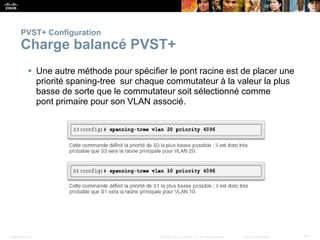 Presentation_ID 41
© 2008 Cisco Systems, Inc. All rights reserved. Cisco Confidential
PVST+ Configuration
Charge balancé PVST+
 Une autre méthode pour spécifier le pont racine est de placer une
priorité spaning-tree sur chaque commutateur à la valeur la plus
basse de sorte que le commutateur soit sélectionné comme
pont primaire pour son VLAN associé.
 