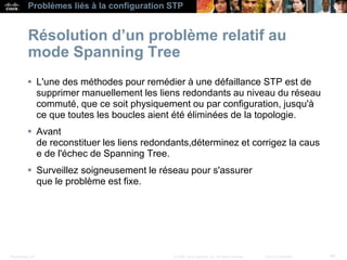 Presentation_ID 49
© 2008 Cisco Systems, Inc. All rights reserved. Cisco Confidential
Problèmes liés à la configuration STP
Résolution d’un problème relatif au
mode Spanning Tree
 L'une des méthodes pour remédier à une défaillance STP est de
supprimer manuellement les liens redondants au niveau du réseau
commuté, que ce soit physiquement ou par configuration, jusqu'à
ce que toutes les boucles aient été éliminées de la topologie.
 Avant
de reconstituer les liens redondants,déterminez et corrigez la caus
e de l'échec de Spanning Tree.
 Surveillez soigneusement le réseau pour s'assurer
que le problème est fixe.
 