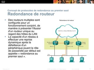 Presentation_ID 52
© 2008 Cisco Systems, Inc. All rights reserved. Cisco Confidential
Concept de protocoles de redondance au premier saut
Redondance de routeur
 Des routeurs multiples sont
configurés pour un
fonctionnement conjoint, de
manière à présenter l'illusion
d'un routeur unique au
regard des hôtes du LAN
 La capacité d'un réseau à
effectuer une reprise
dynamique après la
défaillance d'un
périphérique jouant le rôle
de passerelle par défaut est
appelée « redondance au
premier saut ».
 