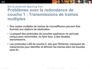 Presentation_ID 9
© 2008 Cisco Systems, Inc. All rights reserved. Cisco Confidential
But du protocole Spanning Tree
Problèmes avec la redondance de
couche 1 : Transmissions de trames
multiples
 Des copies multiples de trames de monodiffusion peuvent être
fournies aux stations de destination.
 La plupart des protocoles de couches supérieurs ne sont pas
conçus pour reconnaître, ou faire face, à des doubles
transmissions .
 Les protocoles LAN de couche 2, tels que l'Ethernet, manquent de
mécanismes pour identifier et éliminer les trames dans les boucles
sans fin.
 