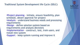 12
Traditional System Development life Cycle (SDLC)
•Project planning – initiate, ensure feasibility, plan
schedule, obtain approval for project
•Analysis – understand business needs and processing
requirements
•Design – define solution system based on
requirements and analysis decisions
•Implementation – construct, test, train users, and
install new system
•Support – keep system running and improve it
 