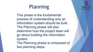 1 - 15
This phase is the fundamental
process of understanding why an
information system should be built.
The Planning phase will also
determine how the project team will
go about building the information
system.
The Planning phase is composed of
two planning steps.
Planning
 