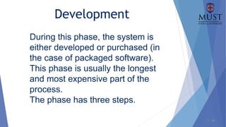 1 - 24
During this phase, the system is
either developed or purchased (in
the case of packaged software).
This phase is usually the longest
and most expensive part of the
process.
The phase has three steps.
Development
 