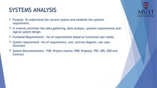 SYSTEMS ANALYSIS
 Purpose: To understand the current system and establish the systems
requirement.
 It involves activities like data gathering, data analysis, systems requirements and
logical system design.
 Funtional Requirements – list of requirements based on functional user needs.
 System requirement –list of requirement, uml, activity diagram, use case,
flowchart
 System Documentations – FSR, Project charter, PMP
, Proposal, FRS, SRS, SDD and
Contract
 