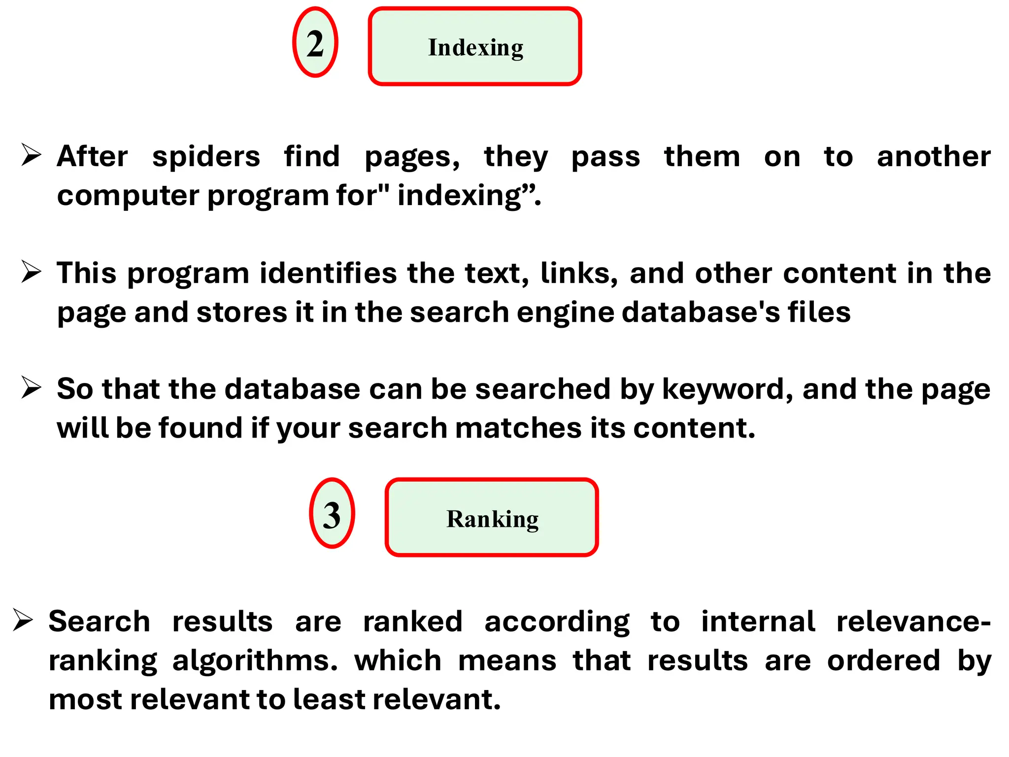 2 Indexing
➢ After spiders find pages, they pass them on to another
computer program for" indexing”.
➢ This program identifies the text, links, and other content in the
page and stores it in the search engine database's files
➢ So that the database can be searched by keyword, and the page
will be found if your search matches its content.
3 Ranking
➢ Search results are ranked according to internal relevance-
ranking algorithms. which means that results are ordered by
most relevant to least relevant.
 
