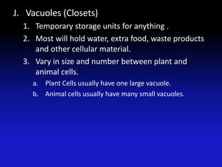 J. Vacuoles (Closets)
  1. Temporary storage units for anything .
  2. Most will hold water, extra food, waste products
     and other cellular material.
  3. Vary in size and number between plant and
     animal cells.
    a. Plant Cells usually have one large vacuole.
    b. Animal cells usually have many small vacuoles.
 