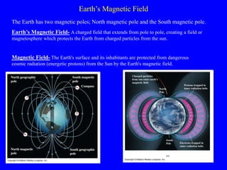 Earth’s Magnetic Field
The Earth has two magnetic poles; North magnetic pole and the South magnetic pole.
Earth’s Magnetic Field- A charged field that extends from pole to pole, creating a field or
magnetosphere which protects the Earth from charged particles from the sun.
Magnetic Field- The Earth's surface and its inhabitants are protected from dangerous
cosmic radiation (energetic protons) from the Sun by the Earth's magnetic field.
 