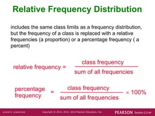 Section 2.2-‹#›
Copyright © 2014, 2012, 2010 Pearson Education, Inc.
Relative Frequency Distribution
relative frequency =
class frequency
sum of all frequencies
includes the same class limits as a frequency distribution,
but the frequency of a class is replaced with a relative
frequencies (a proportion) or a percentage frequency ( a
percent)
percentage
frequency
class frequency
sum of all frequencies
 100%
=
 