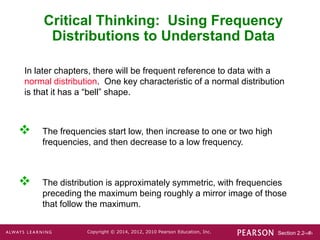 Section 2.2-‹#›
Copyright © 2014, 2012, 2010 Pearson Education, Inc.
Critical Thinking: Using Frequency
Distributions to Understand Data
In later chapters, there will be frequent reference to data with a
normal distribution. One key characteristic of a normal distribution
is that it has a “bell” shape.
 The frequencies start low, then increase to one or two high
frequencies, and then decrease to a low frequency.
 The distribution is approximately symmetric, with frequencies
preceding the maximum being roughly a mirror image of those
that follow the maximum.
 