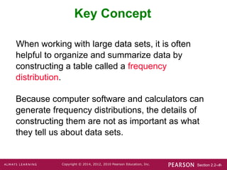 Section 2.2-‹#›
Copyright © 2014, 2012, 2010 Pearson Education, Inc.
Key Concept
When working with large data sets, it is often
helpful to organize and summarize data by
constructing a table called a frequency
distribution.
Because computer software and calculators can
generate frequency distributions, the details of
constructing them are not as important as what
they tell us about data sets.
 