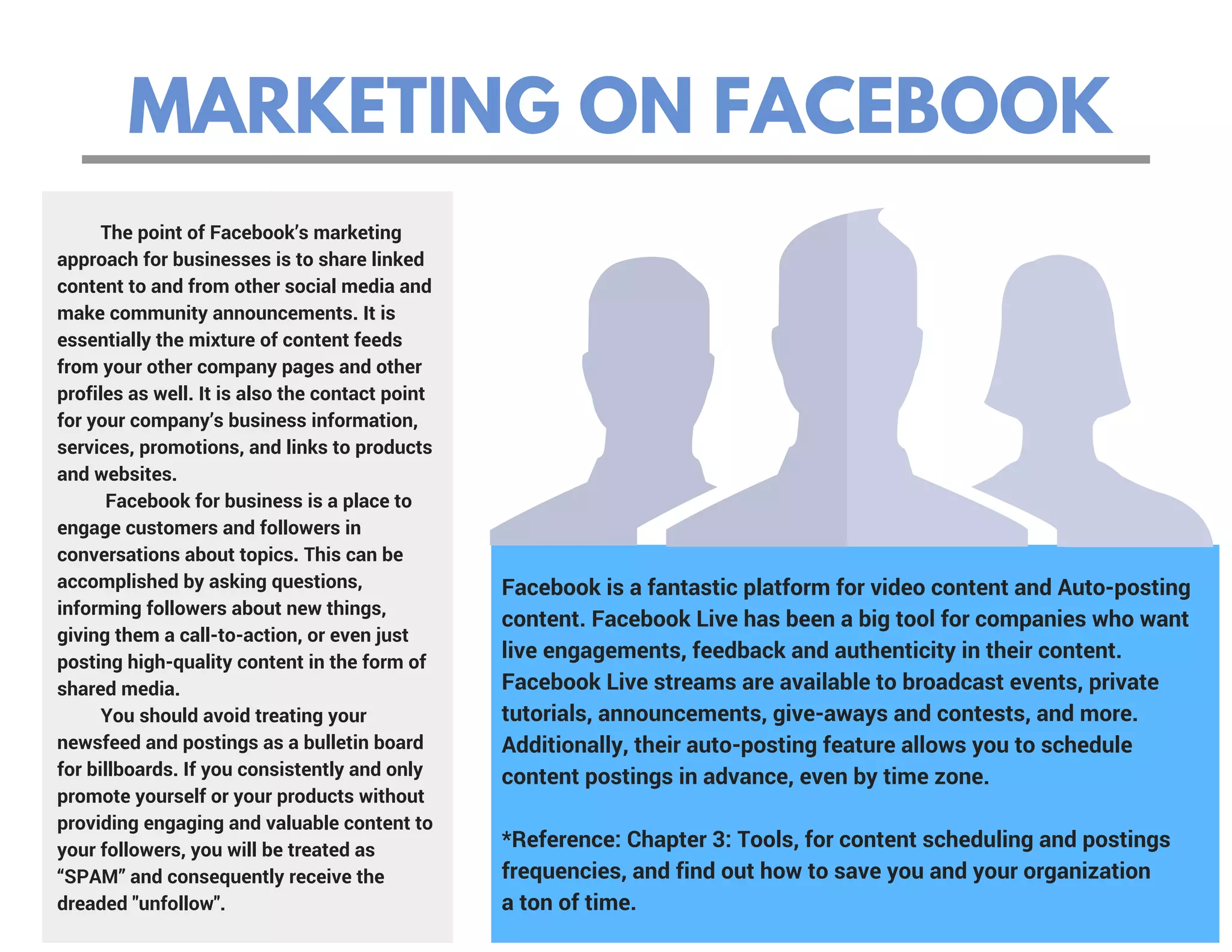 MARKETING ON FACEBOOK
         The point of Facebook’s marketing
approach for businesses is to share linked
content to and from other social media and
make community announcements. It is
essentially the mixture of content feeds
from your other company pages and other
profiles as well. It is also the contact point
for your company’s business information,
services, promotions, and links to products
and websites.
          Facebook for business is a place to
engage customers and followers in
conversations about topics. This can be
accomplished by asking questions,
informing followers about new things,
giving them a call-to-action, or even just
posting high-quality content in the form of
shared media.
         You should avoid treating your
newsfeed and postings as a bulletin board
for billboards. If you consistently and only
promote yourself or your products without
providing engaging and valuable content to
your followers, you will be treated as
“SPAM” and consequently receive the
dreaded "unfollow".
Facebook is a fantastic platform for video content and Auto-posting
content. Facebook Live has been a big tool for companies who want
live engagements, feedback and authenticity in their content.
Facebook Live streams are available to broadcast events, private
tutorials, announcements, give-aways and contests, and more.
Additionally, their auto-posting feature allows you to schedule
content postings in advance, even by time zone.
*Reference: Chapter 3: Tools, for content scheduling and postings
frequencies, and find out how to save you and your organization
a ton of time.
 