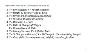 Dependent Variable Y; Explanatory Variable Xs
1. Y = Son’s Height; X = Father’s Height
2. Y = Height of boys; X = Age of boys
3. Y = Personal Consumption Expenditure
X = Personal Disposable Income
4. Y = Demand; X = Price
5. Y = Rate of Change of Wages
X = Unemployment Rate
6. Y = Money/Income; X = Inflation Rate
7. Y = % Change in Demand; X = % Change in the advertising budget
8. Y = Crop yield; Xs = temperature, rainfall, sunshine, fertilizer
5
 