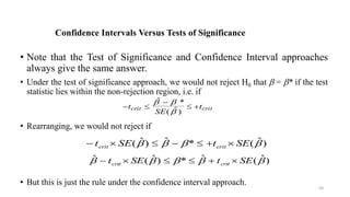 Confidence Intervals Versus Tests of Significance
• Note that the Test of Significance and Confidence Interval approaches
always give the same answer.
• Under the test of significance approach, we would not reject H0 that  = * if the test
statistic lies within the non-rejection region, i.e. if
• Rearranging, we would not reject if
• But this is just the rule under the confidence interval approach.
 

 
t
SE
t
crit crit
$ *
( $)
 

)
ˆ
(
*
ˆ
)
ˆ
( 


 SE
t
SE
t crit
crit 






)
ˆ
(
ˆ
*
)
ˆ
(
ˆ 



 SE
t
SE
t crit
crit 





58
 