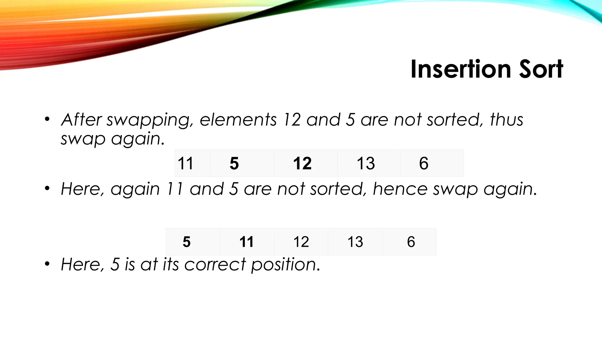 Insertion Sort
• After swapping, elements 12 and 5 are not sorted, thus
swap again.
• Here, again 11 and 5 are not sorted, hence swap again.
• Here, 5 is at its correct position.
11 5 12 13 6
5 11 12 13 6
 