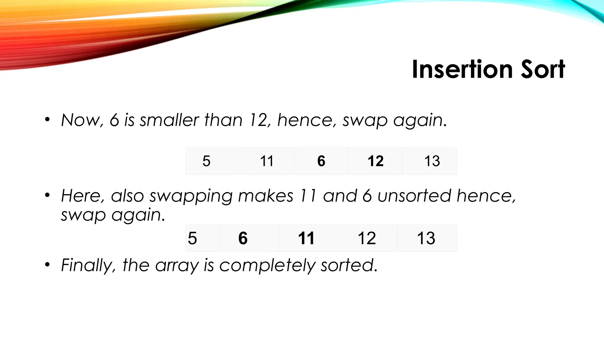 Insertion Sort
• Now, 6 is smaller than 12, hence, swap again.
• Here, also swapping makes 11 and 6 unsorted hence,
swap again.
• Finally, the array is completely sorted.
5 6 11 12 13
5 11 6 12 13
 