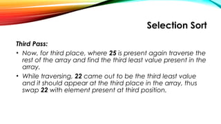 Selection Sort
Third Pass:
• Now, for third place, where 25 is present again traverse the
rest of the array and find the third least value present in the
array.
• While traversing, 22 came out to be the third least value
and it should appear at the third place in the array, thus
swap 22 with element present at third position.
 