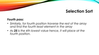 Selection Sort
Fourth pass:
• Similarly, for fourth position traverse the rest of the array
and find the fourth least element in the array
• As 25 is the 4th lowest value hence, it will place at the
fourth position.
 