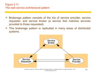 Figure 2.11
The web service architectural pattern


 Brokerage pattern consists of the trio of service provider, service
  requester, and service broker (a service that matches services
  provided to those requested).
 This brokerage pattern is replicated in many areas of distributed
  systems.




                Instructor’s Guide for Coulouris, Dollimore, Kindberg and Blair, Distributed Systems: Concepts and Design Edn. 5
                                                             © Pearson Education 2012
                                                                                                                                   16
 