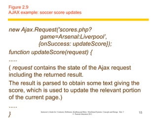 15
Instructor’s Guide for Coulouris, Dollimore, Kindberg and Blair, Distributed Systems: Concepts and Design Edn. 5
© Pearson Education 2012
Figure 2.9
AJAX example: soccer score updates
new Ajax.Request('scores.php?
game=Arsenal:Liverpool’,
{onSuccess: updateScore});
function updateScore(request) {
.....
( request contains the state of the Ajax request
including the returned result.
The result is parsed to obtain some text giving the
score, which is used to update the relevant portion
of the current page.)
.....
} 15
 