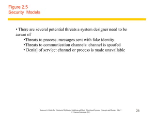 28
Instructor’s Guide for Coulouris, Dollimore, Kindberg and Blair, Distributed Systems: Concepts and Design Edn. 5
© Pearson Education 2012
Figure 2.5
Security Models
• There are several potential threats a system designer need to be
aware of
•Threats to process: messages sent with fake identity
•Threats to communication channels: channel is spoofed
• Denial of service: channel or process is made unavailable
 
