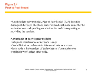 8
Instructor’s Guide for Coulouris, Dollimore, Kindberg and Blair, Distributed Systems: Concepts and Design Edn. 5
© Pearson Education 2012
Figure 2.4
Peer to Peer Model
• Unlike client-server model, Peer to Peer Model (P2P) does not
distinguish between client and server instead each node can either be
a client or server depending on whether the node is requesting or
providing the services.
Advantages of peer to peer models:
•Setup and maintenance of network is easy.
•Cost efficient as each node in this model acts as a server.
•Each node is independent of each other so if one node stops
working it won't affect other node.
 