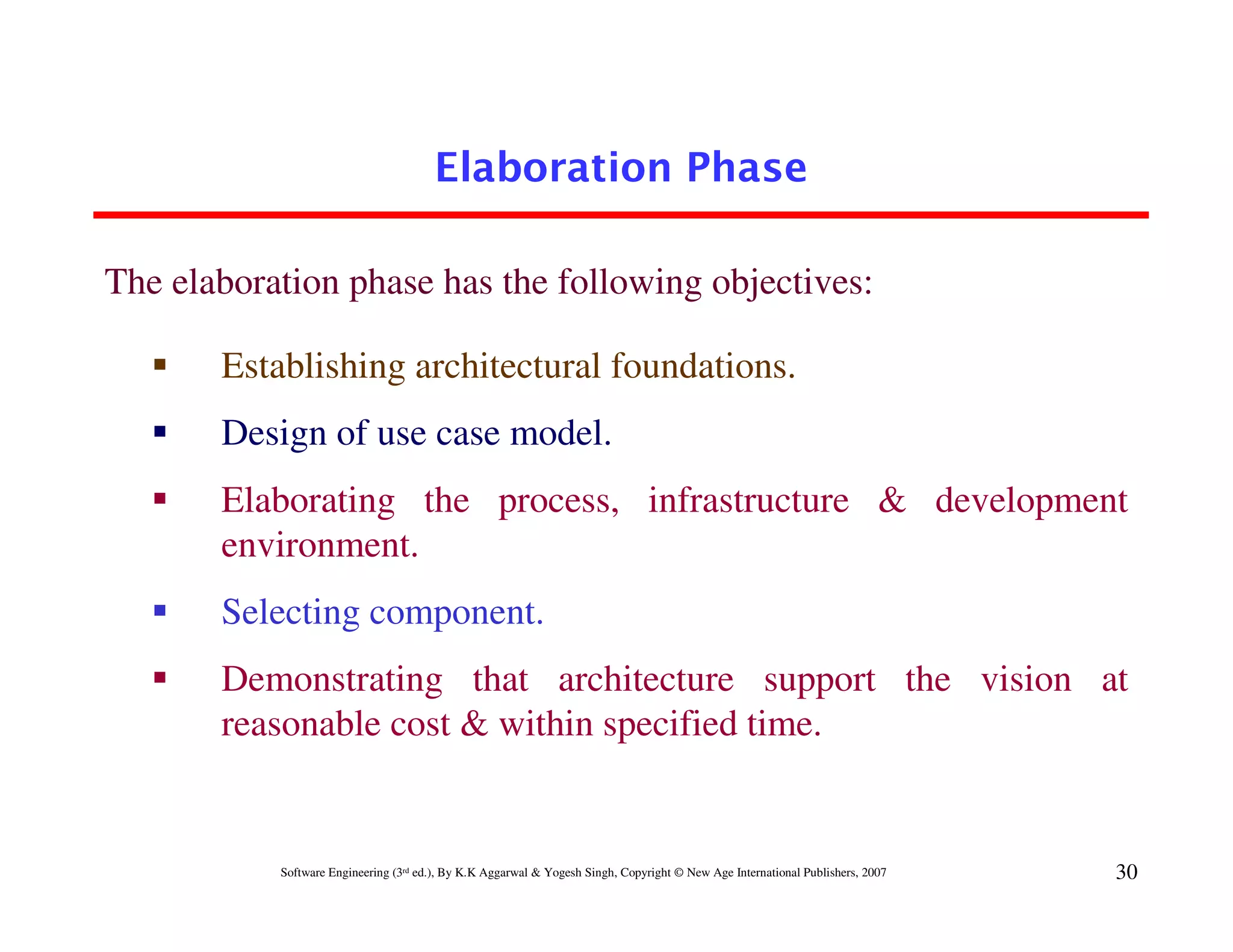 Elaboration Phase

The elaboration phase has the following objectives:

       Establishing architectural foundations.
       Design of use case model.
       Elaborating the process, infrastructure & development
       environment.
       Selecting component.
       Demonstrating that architecture support the vision at
       reasonable cost & within specified time.


           Software Engineering (3rd ed.), By K.K Aggarwal & Yogesh Singh, Copyright © New Age International Publishers, 2007   30
 