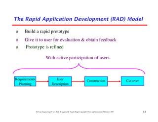 The Rapid Application Development (RAD) Model

o    Build a rapid prototype
o    Give it to user for evaluation & obtain feedback
o     Prototype is refined

                             With active participation of users



Requirements                             User                                            Construction                               Cut over
  Planning                            Description




               Software Engineering (3rd ed.), By K.K Aggarwal & Yogesh Singh, Copyright © New Age International Publishers, 2007              13
 