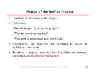Phases of the Unified Process
• Inception: defines scope of the project.
• Elaboration
   - How do we plan & design the project?
   - What resources are required?
   - What type of architecture may be suitable?
• Construction: the objectives are translated in design &
  architecture documents.
• Transition : involves many activities like delivering, training,
  supporting, and maintaining the product.


           Software Engineering (3rd ed.), By K.K Aggarwal & Yogesh Singh, Copyright © New Age International Publishers, 2007   25
 