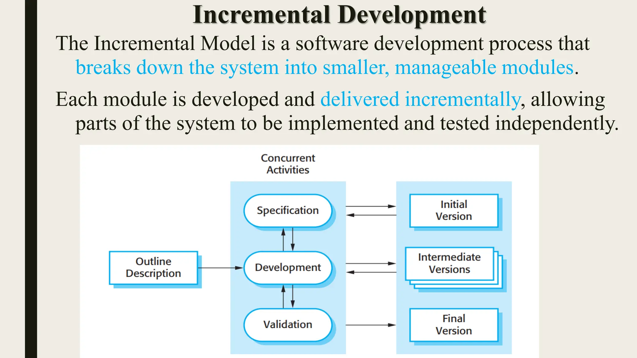 Incremental Development
The Incremental Model is a software development process that
breaks down the system into smaller, manageable modules.
Each module is developed and delivered incrementally, allowing
parts of the system to be implemented and tested independently.
 