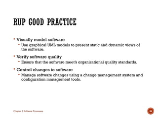 RUP GOOD PRACTICE
 Visually model software
 Use graphical UML models to present static and dynamic views of
the software.
 Verify software quality
 Ensure that the software meet’s organizational quality standards.
 Control changes to software
 Manage software changes using a change management system and
configuration management tools.
Chapter 2 Software Processes 55
 
