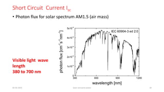 Short Circuit Current Isc
• Photon flux for solar spectrum AM1.5 (air mass)
05-02-2023 Solar and wind power 20
Visible light wave
length
380 to 700 nm
 