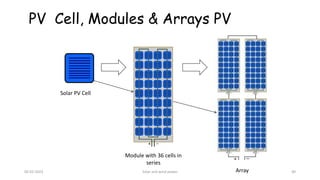 PV Cell, Modules & Arrays PV
Solar PV Cell
Module with 36 cells in
series
Array
05-02-2023 Solar and wind power 40
 