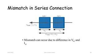 Mismatch in Series Connection
• Mismatch can occur due to difference in Voc and
Isc
05-02-2023 Solar and wind power 46
 