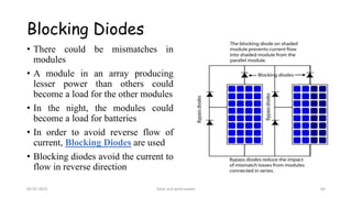 • There could be mismatches in
modules
• A module in an array producing
lesser power than others could
become a load for the other modules
• In the night, the modules could
become a load for batteries
• In order to avoid reverse flow of
current, Blocking Diodes are used
• Blocking diodes avoid the current to
flow in reverse direction
Blocking Diodes
05-02-2023 Solar and wind power 64
 