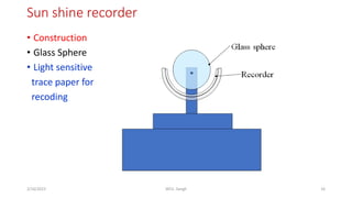 Sun shine recorder
16
2/16/2023 WCE, Sangli
• Construction
• Glass Sphere
• Light sensitive
trace paper for
recoding
 