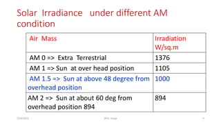 Solar Irradiance under different AM
condition
9
2/16/2023 WCE, Sangli
Air Mass Irradiation
W/sq.m
AM 0 => Extra Terrestrial 1376
AM 1 => Sun at over head position 1105
AM 1.5 => Sun at above 48 degree from
overhead position
1000
AM 2 => Sun at about 60 deg from
overhead position 894
894
 