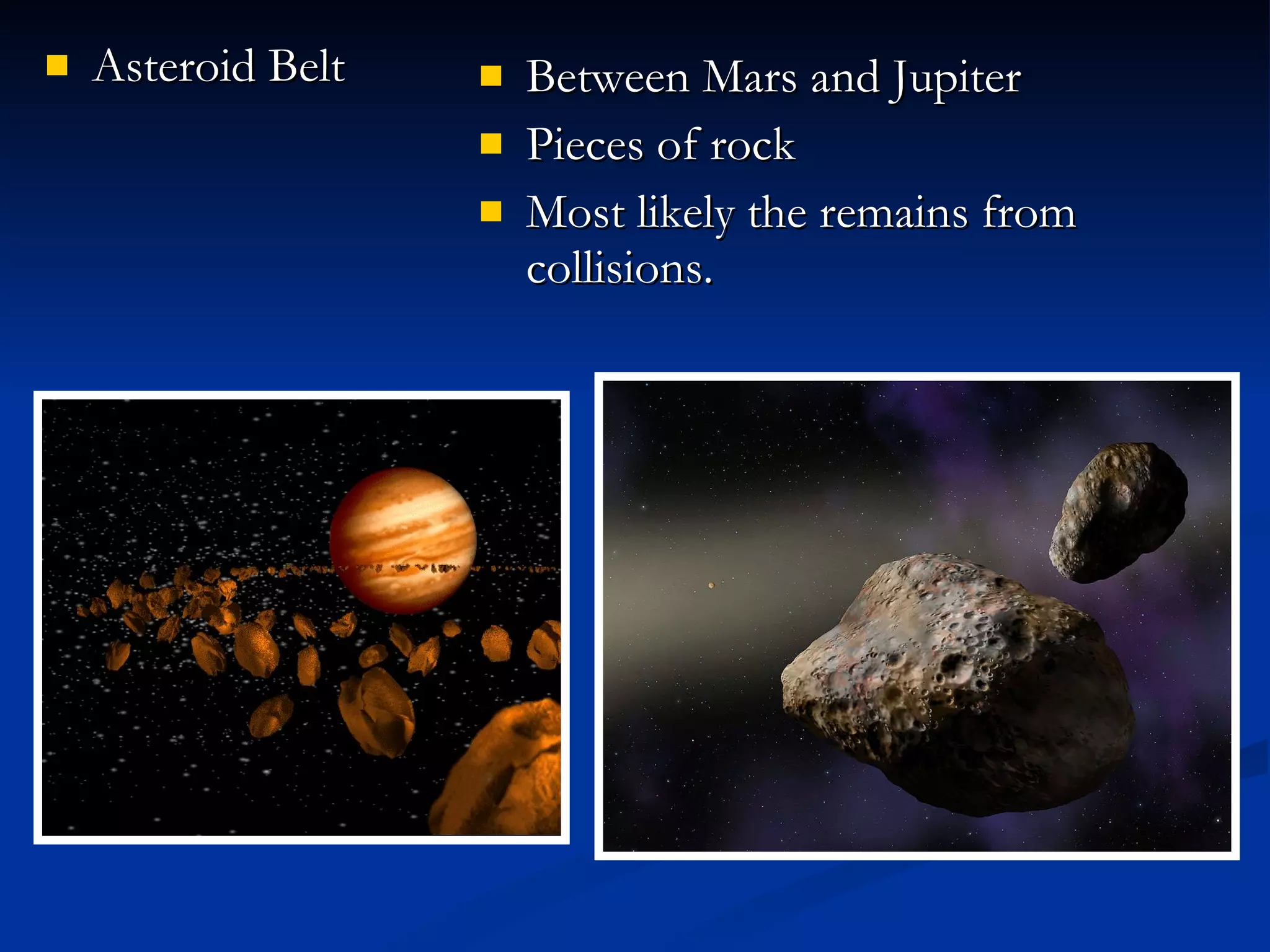 Asteroid Belt Between Mars and Jupiter Pieces of rock Most likely the remains from collisions. 
