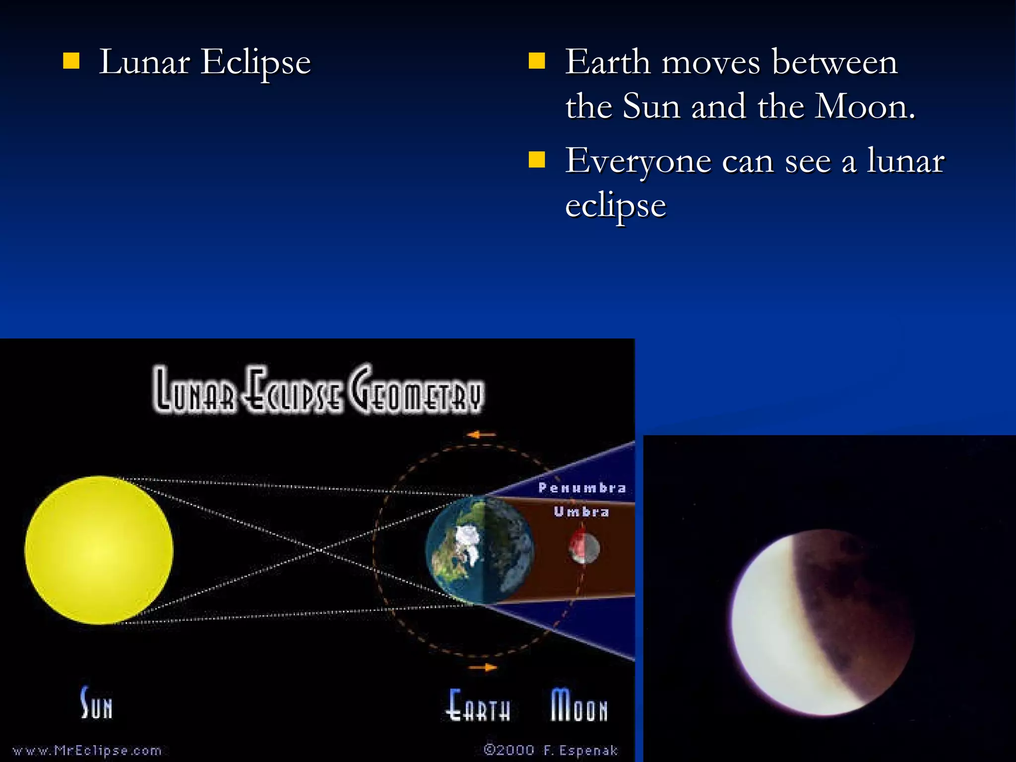 Lunar Eclipse Earth moves between the Sun and the Moon. Everyone can see a lunar eclipse 