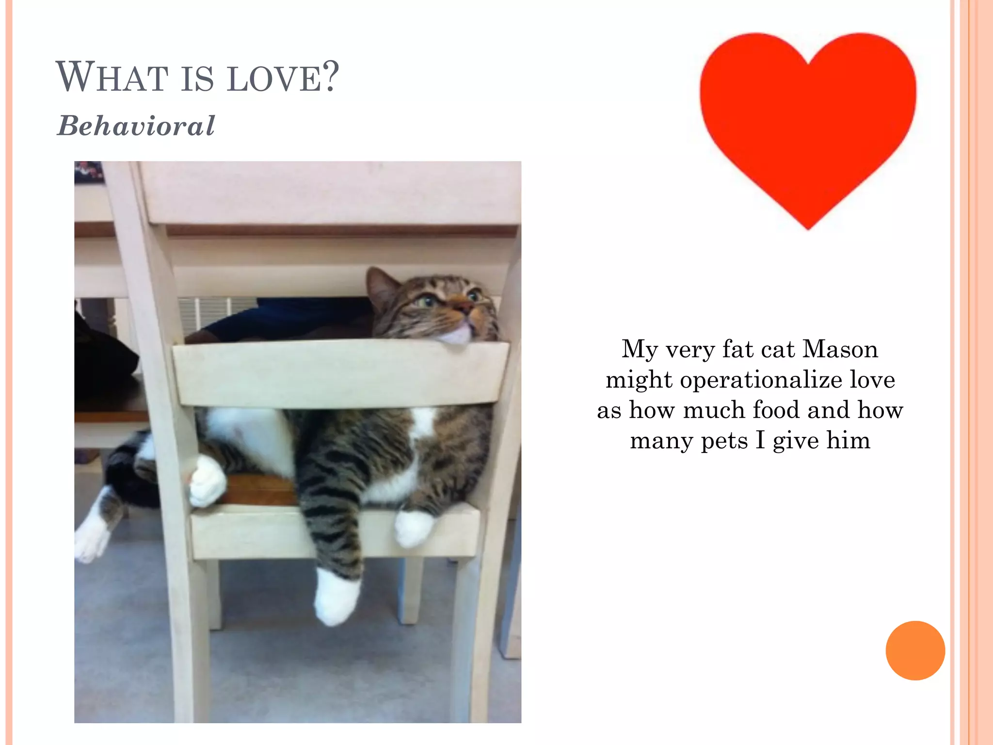 WHAT IS LOVE? 
Behavioral
My very fat cat Mason
might operationalize love
as how much food and how
many pets I give him
 
