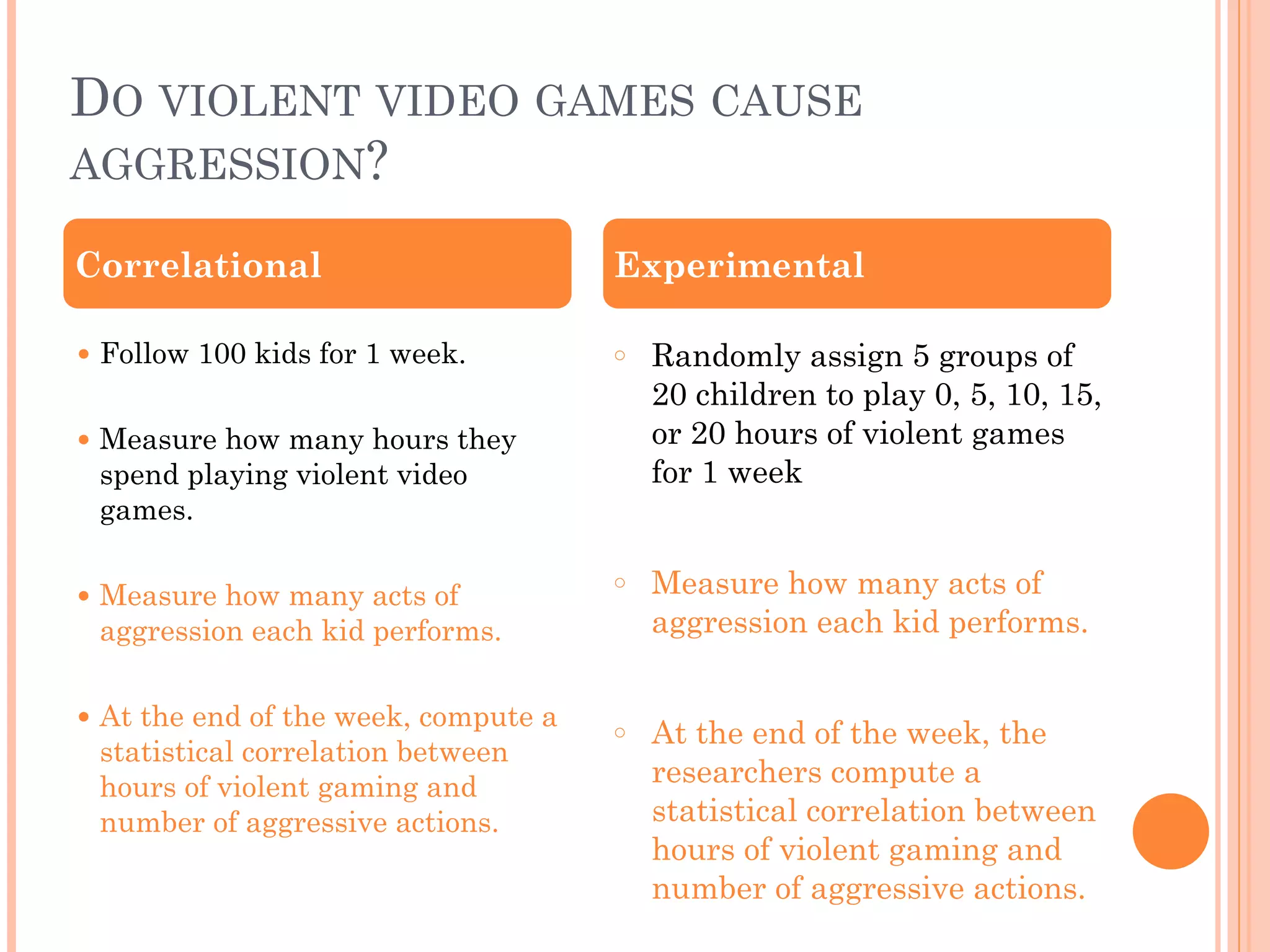 DO VIOLENT VIDEO GAMES CAUSE
AGGRESSION?
● Follow 100 kids for 1 week.
!
● Measure how many hours they
spend playing violent video
games.
!
● Measure how many acts of
aggression each kid performs.
!
● At the end of the week, compute a
statistical correlation between
hours of violent gaming and
number of aggressive actions.
○ Randomly assign 5 groups of
20 children to play 0, 5, 10, 15,
or 20 hours of violent games
for 1 week
!
○ Measure how many acts of
aggression each kid performs.
!
○ At the end of the week, the
researchers compute a
statistical correlation between
hours of violent gaming and
number of aggressive actions.
Correlational Experimental
 