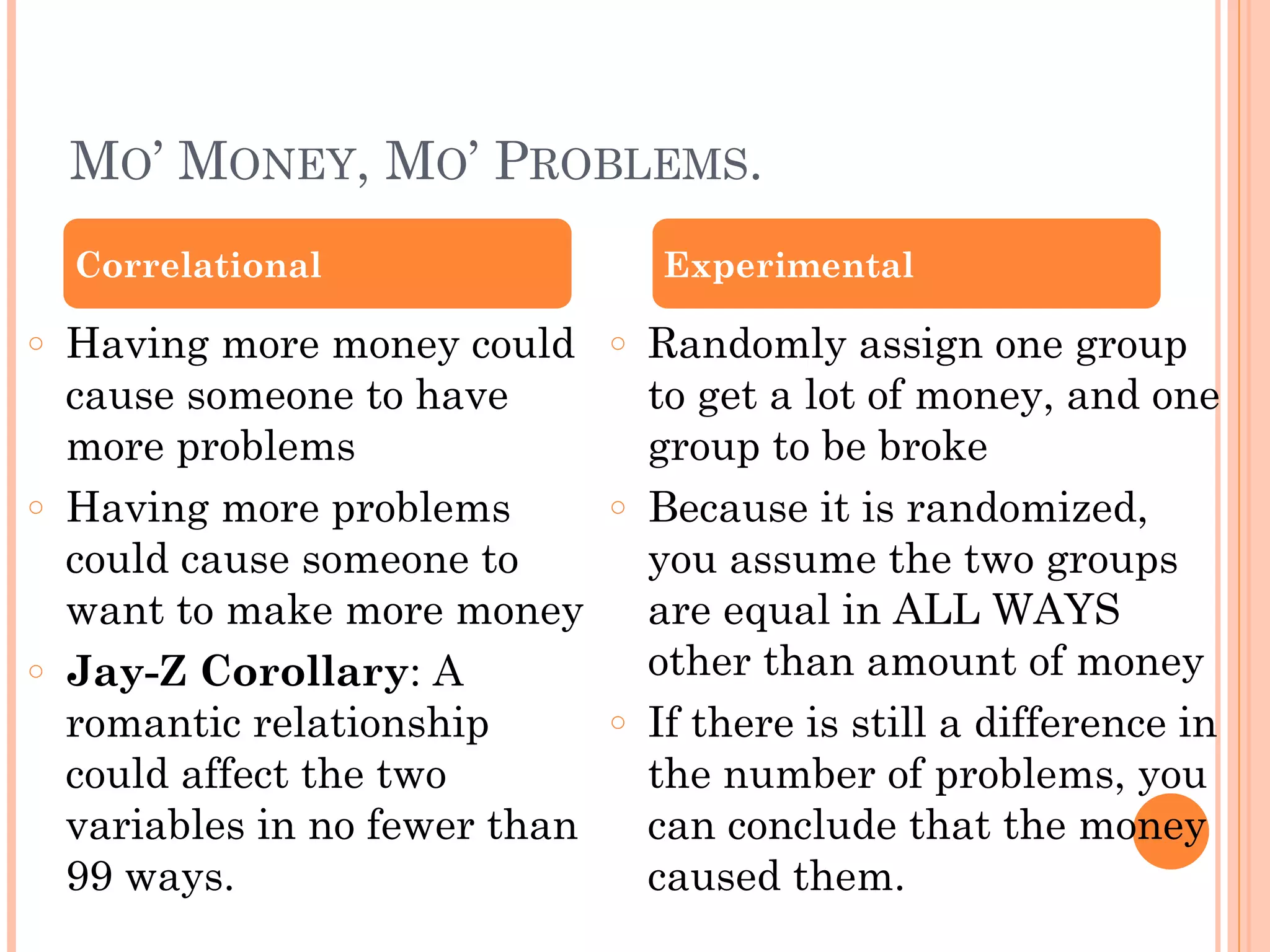 MO’ MONEY, MO’ PROBLEMS.
○ Having more money could
cause someone to have
more problems
○ Having more problems
could cause someone to
want to make more money
○ Jay-Z Corollary: A
romantic relationship
could affect the two
variables in no fewer than
99 ways.
○ Randomly assign one group
to get a lot of money, and one
group to be broke
○ Because it is randomized,
you assume the two groups
are equal in ALL WAYS
other than amount of money
○ If there is still a difference in
the number of problems, you
can conclude that the money
caused them.
Correlational Experimental
 
