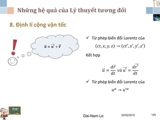 Những hệ quả của Lý thuyết tương đối
22/02/2019Dai-Nam Le 129
8. Định lí cộng vận tốc
𝒖 ≠ 𝒖′ + 𝑽
 Từ phép biến đổi Lorentz của
𝑐𝑡, 𝑥, 𝑦, 𝑧 → 𝑐𝑡′, 𝑥′, 𝑦′, 𝑧′
Kết hợp
𝑢 =
𝑑 𝑟
𝑑𝑡
𝑣à 𝑢′ =
𝑑𝑟′
𝑑𝑡
 Từ phép biến đổi Lorentz của
𝑢 𝜇 → 𝑢′ 𝜇
 