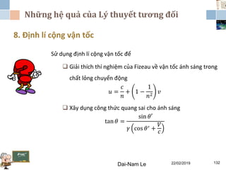 Những hệ quả của Lý thuyết tương đối
22/02/2019Dai-Nam Le 132
8. Định lí cộng vận tốc
Sử dụng định lí cộng vận tốc để
 Giải thích thí nghiệm của Fizeau về vận tốc ánh sáng trong
chất lỏng chuyển động
𝑢 =
𝑐
𝑛
+ 1 −
1
𝑛2
𝑣
 Xây dụng công thức quang sai cho ánh sáng
tan 𝜃 =
sin 𝜃′
𝛾 cos 𝜃′ +
𝑉
𝑐
 