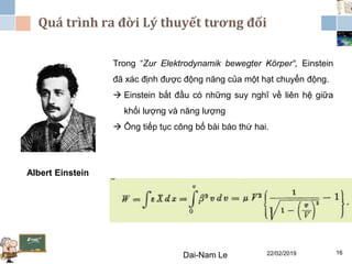 Quá trình ra đời Lý thuyết tương đối
22/02/2019Dai-Nam Le 16
Albert Einstein
Trong “Zur Elektrodynamik bewegter Körper“, Einstein
đã xác định được động năng của một hạt chuyển động.
 Einstein bắt đầu có những suy nghĩ về liên hệ giữa
khối lượng và năng lượng
 Ông tiếp tục công bố bài báo thứ hai.
 