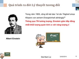 Quá trình ra đời Lý thuyết tương đối
22/02/2019Dai-Nam Le 17
Albert Einstein
Trong năm 1905, công bố bài báo “Ist die Trägheit eines
Körpers von seinem Energieinhalt abhängig?“
Thông qua TN tưởng tượng, Einstein gián tiếp đồng
nhất khối lượng quán tính 𝒎 với năng lượng 𝑬
 