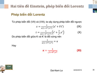 Hai tiên đề Einstein, phép biến đổi Lorentz
22/02/2019Dai-Nam Le 36
Phép biến đổi Lorentz
Từ phép biến đổi (VII) và (VIII), ta xây dựng phép biến đổi ngược
𝑥 =
1
𝜅 1− 𝑉2 𝑐2 𝑥′ + 𝑉𝑡′ (IX)
𝑡 =
1
𝜅 1− 𝑉2 𝑐2 𝑡′ +
𝑉
𝑐2 𝑥′ (X)
Do phép biến đổi giữa K và K’ là đối xứng nên
1
𝜅 1− 𝑉2 𝑐2 = 𝜅
Hay
𝜿 =
𝟏
𝟏− 𝑽 𝟐 𝒄 𝟐
(XI)
 